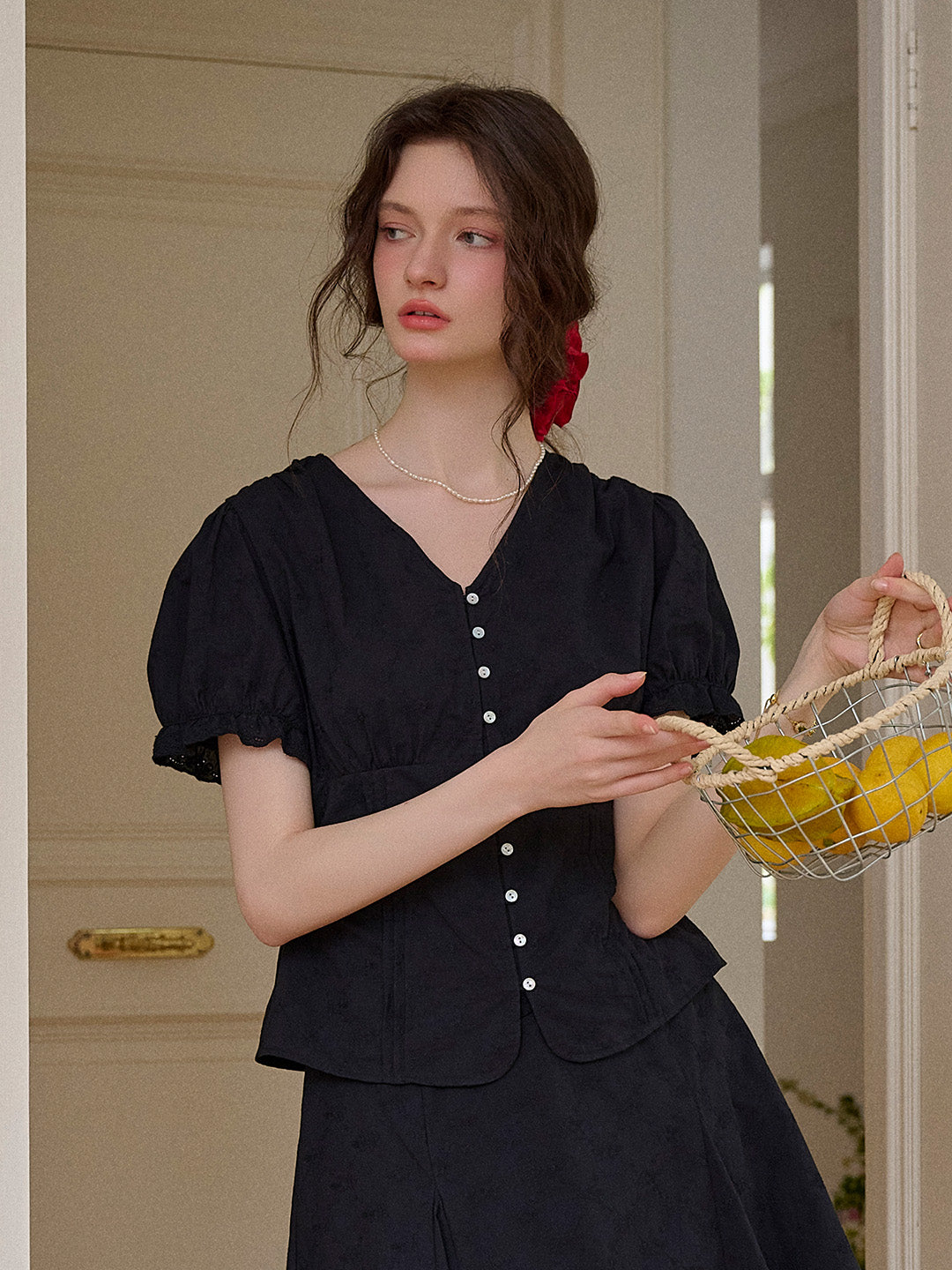 Madeline V-Neck Embroidery Puff Sleeve Cotton Blouse