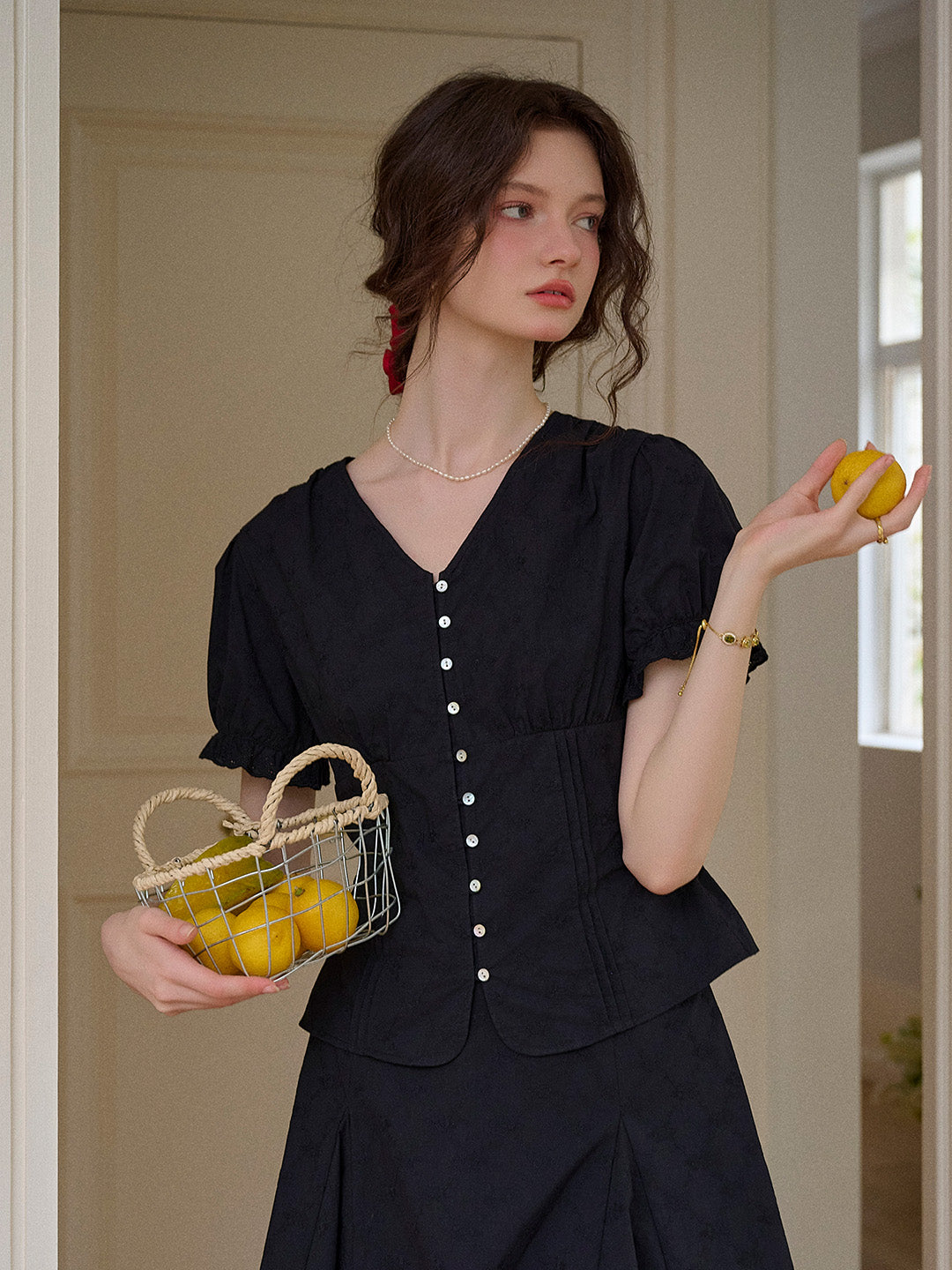 Madeline V-Neck Embroidery Puff Sleeve Cotton Blouse