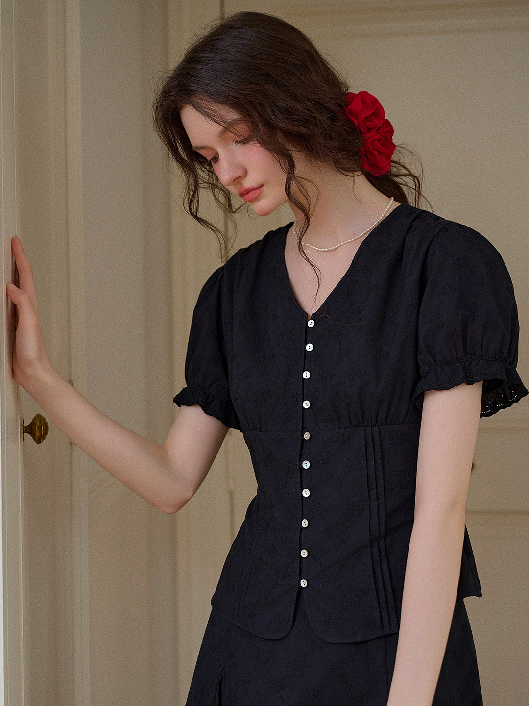 Madeline V-Neck Embroidery Puff Sleeve Cotton Blouse