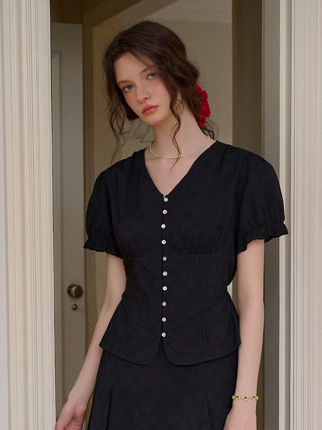 Madeline V-Neck Embroidery Puff Sleeve Cotton Blouse
