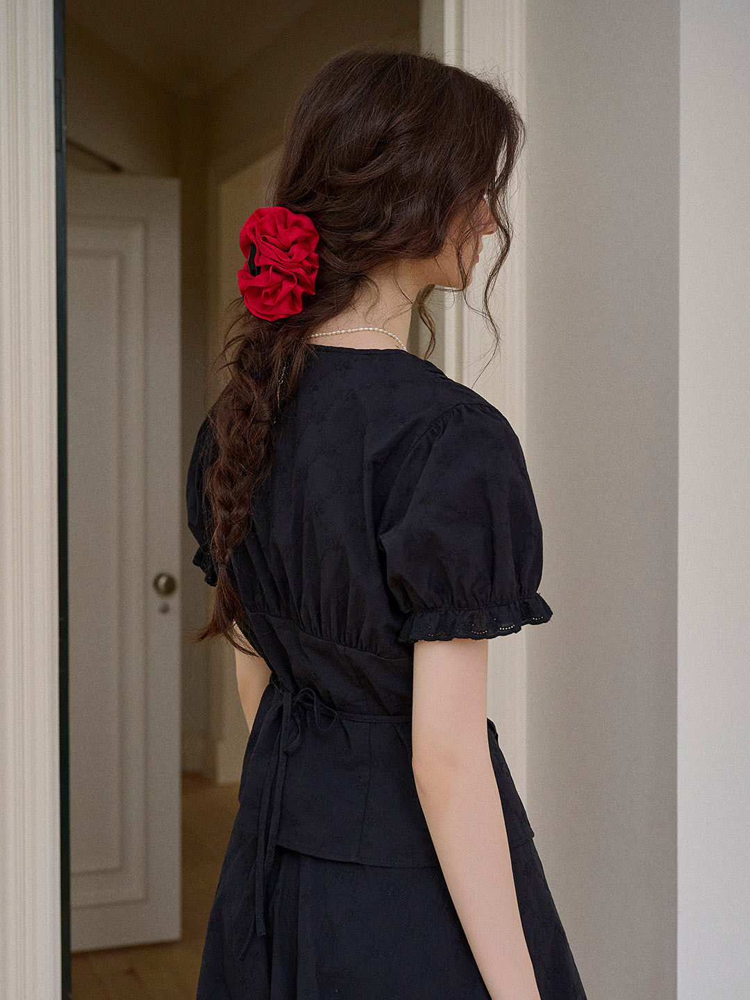 Madeline V-Neck Embroidery Puff Sleeve Cotton Blouse
