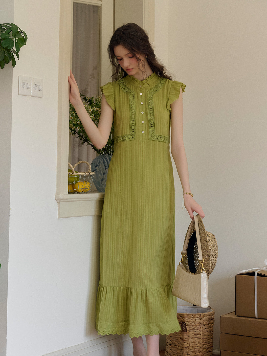 Soraya Stand Collar Ruffle Sleeve Dress