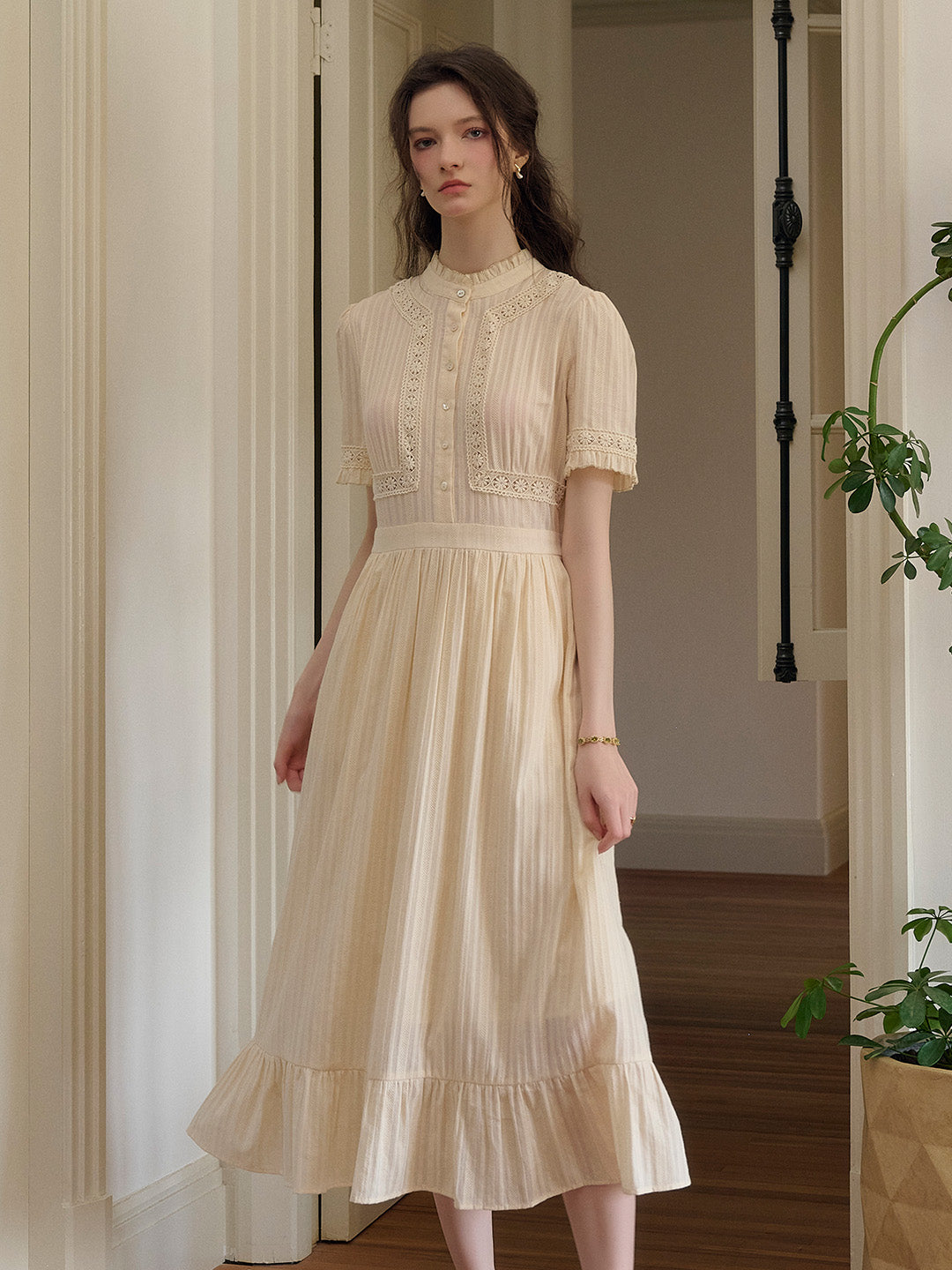 Judy Stand Collar Embroidery Cotton Dress