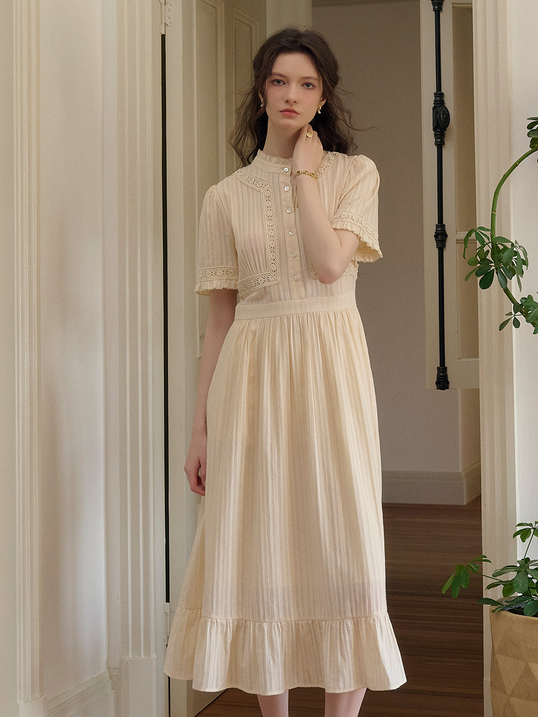 Judy Stand Collar Embroidery Cotton Dress