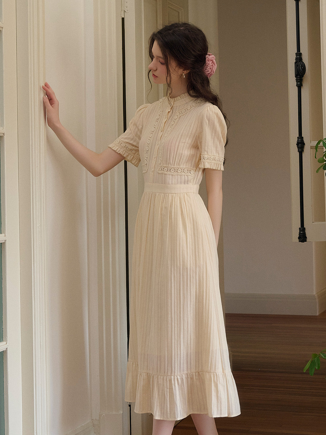 Judy Stand Collar Embroidery Cotton Dress