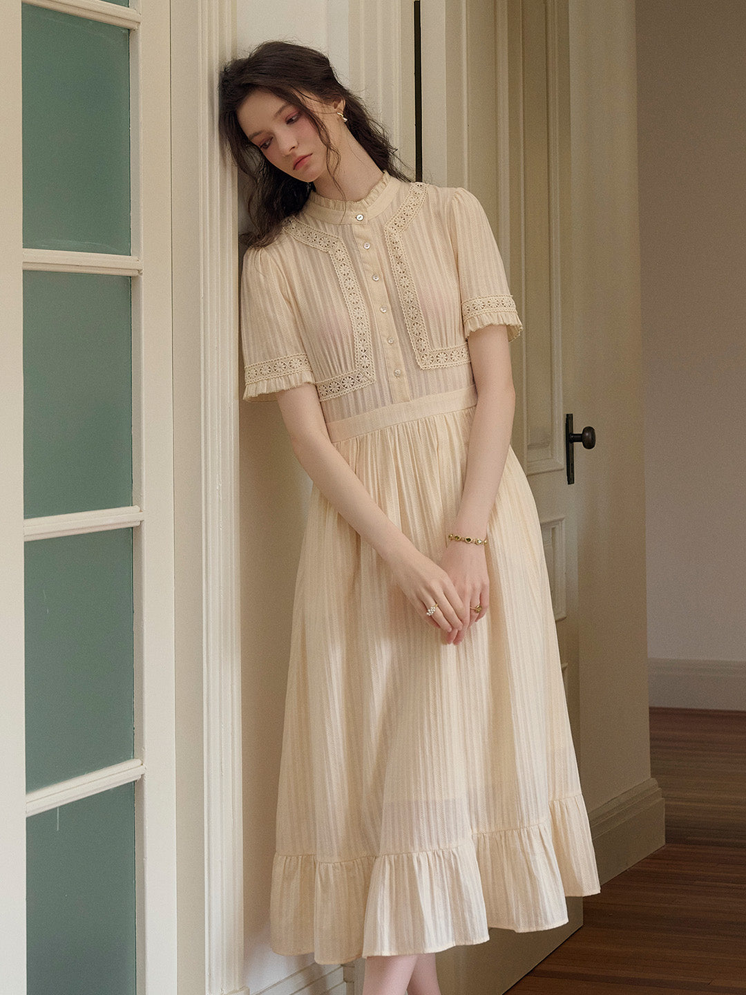 Judy Stand Collar Embroidery Cotton Dress
