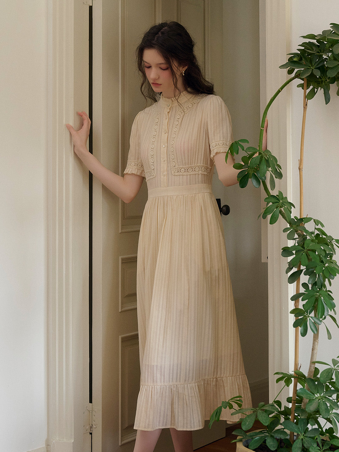 Judy Stand Collar Embroidery Cotton Dress