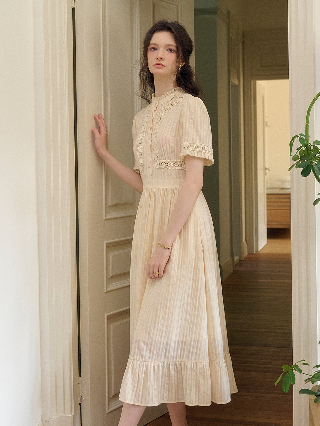 Judy Stand Collar Embroidery Cotton Dress