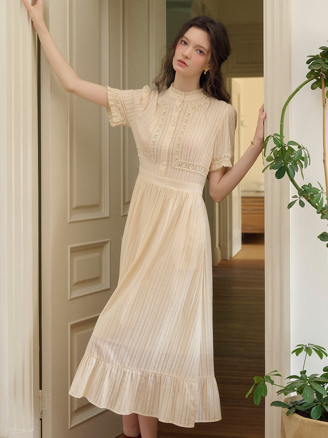 Judy Stand Collar Embroidery Cotton Dress