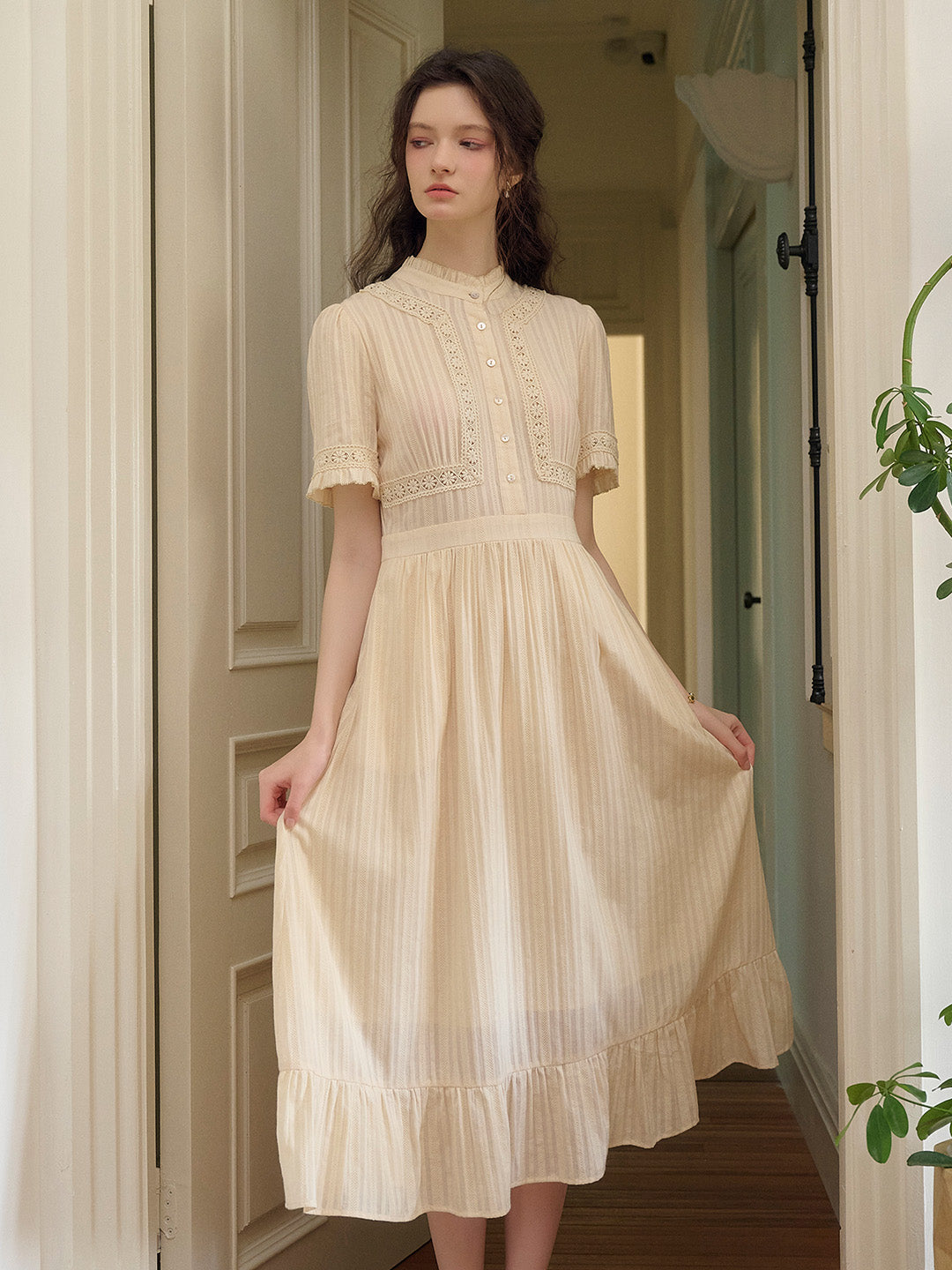 Judy Stand Collar Embroidery Cotton Dress