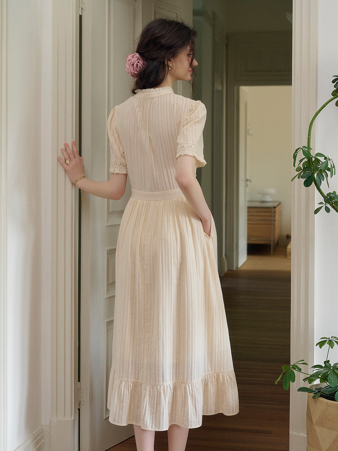 Judy Stand Collar Embroidery Cotton Dress