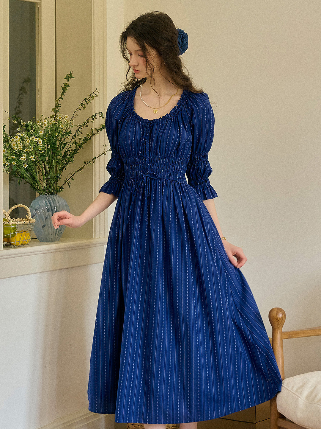 Aqua Round Neck Waist Cotton Dress