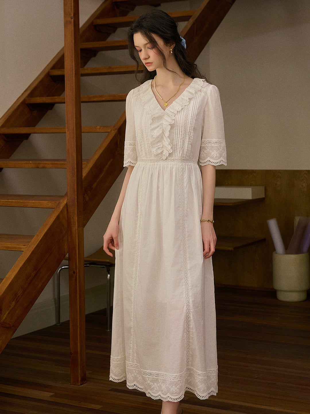 Noelle Ruffle V-Neck 100% Cotton Dress