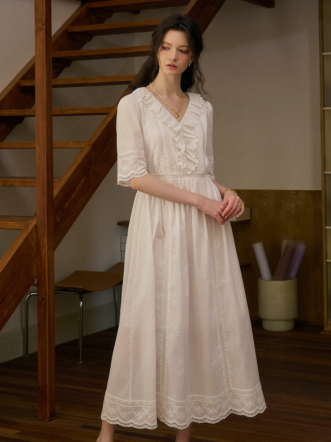 Noelle Ruffle V-Neck 100% Cotton Dress