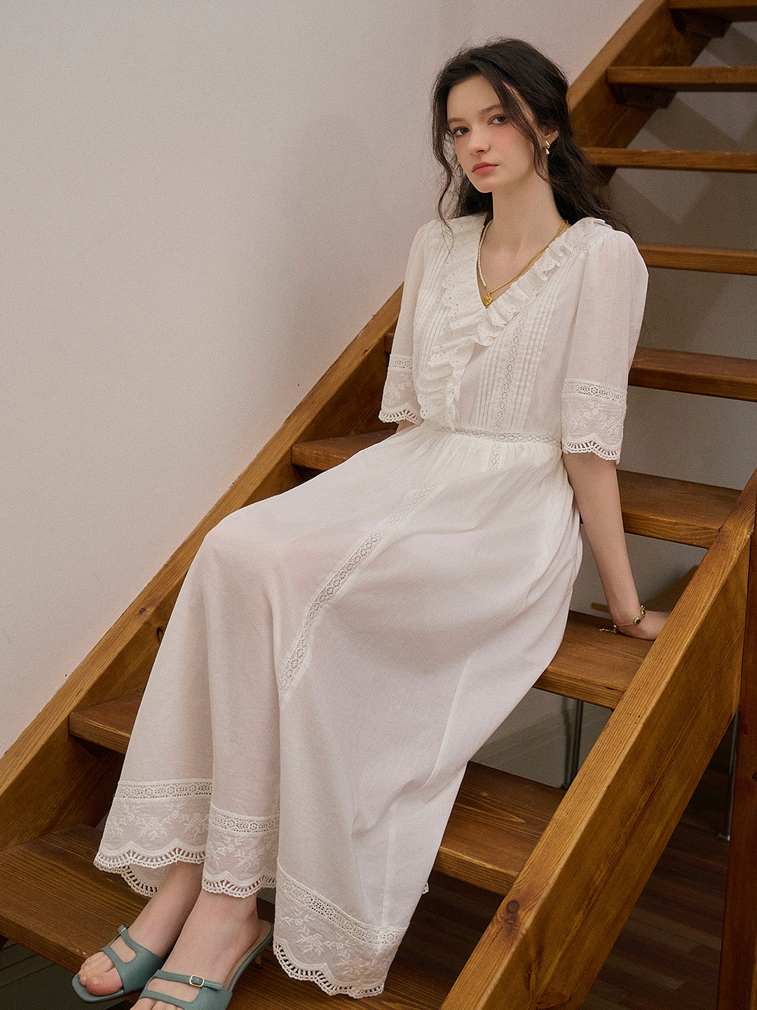 Noelle Ruffle V-Neck 100% Cotton Dress