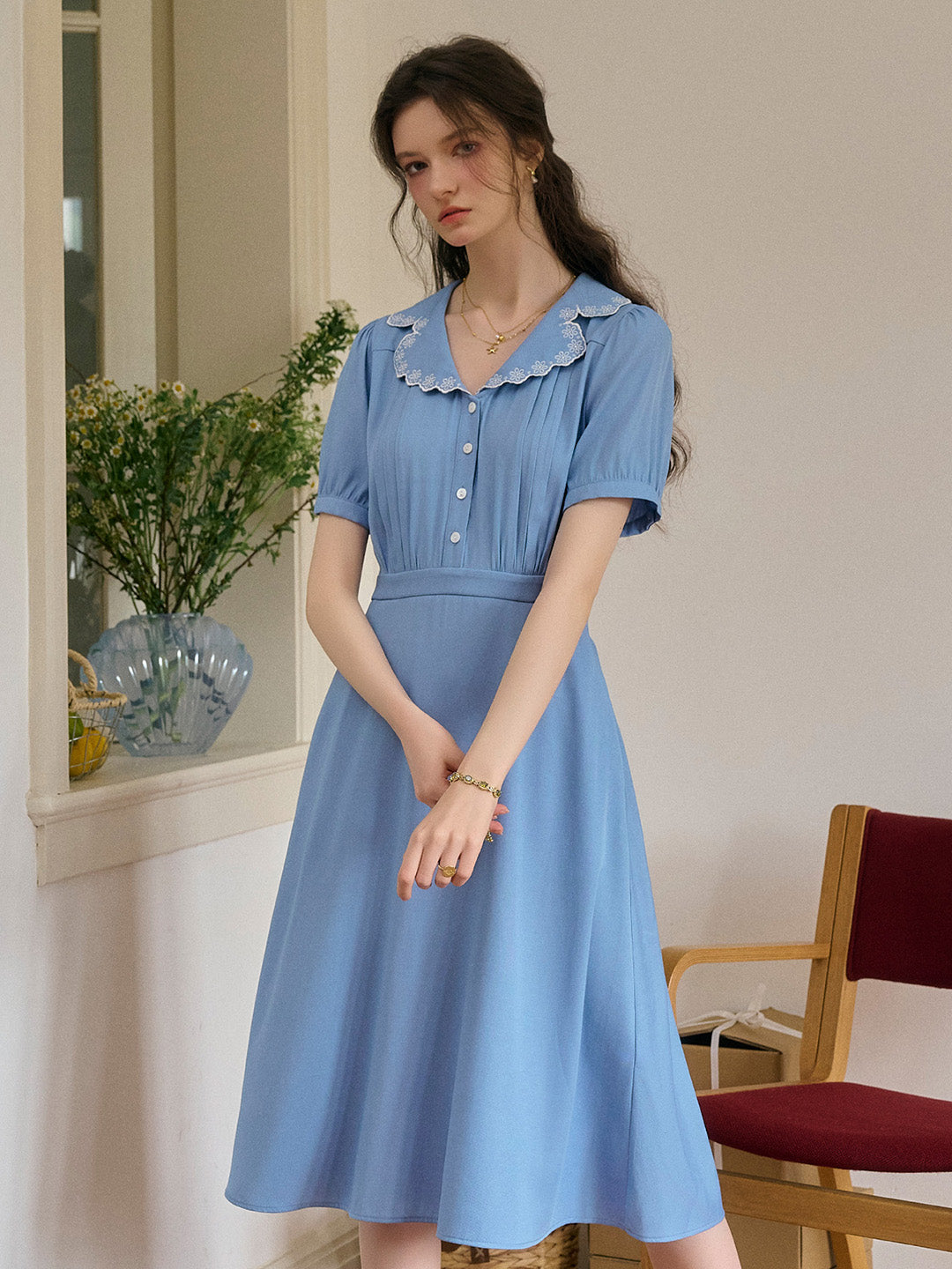 Natalie V-Neck Lace Tuck Pleats Dress