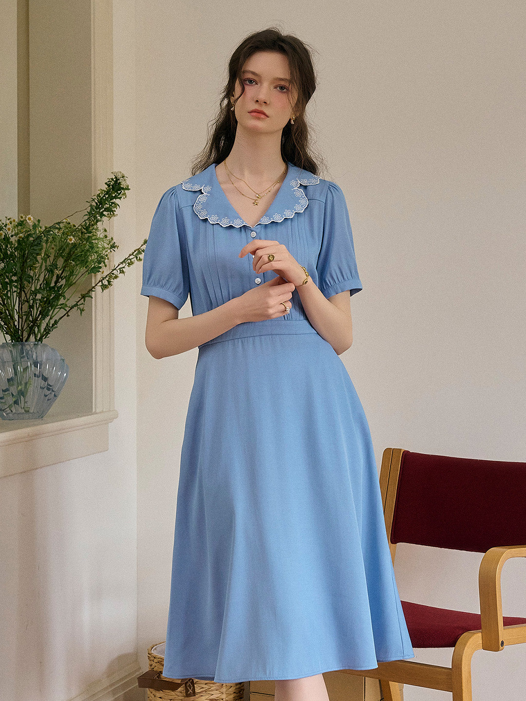 Natalie V-Neck Lace Tuck Pleats Dress