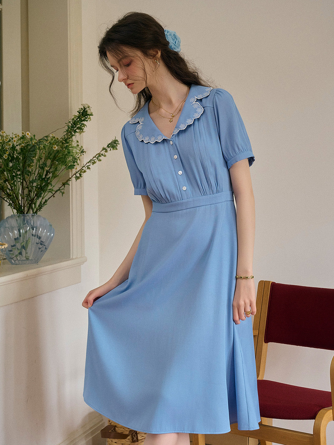 Natalie V-Neck Lace Tuck Pleats Dress