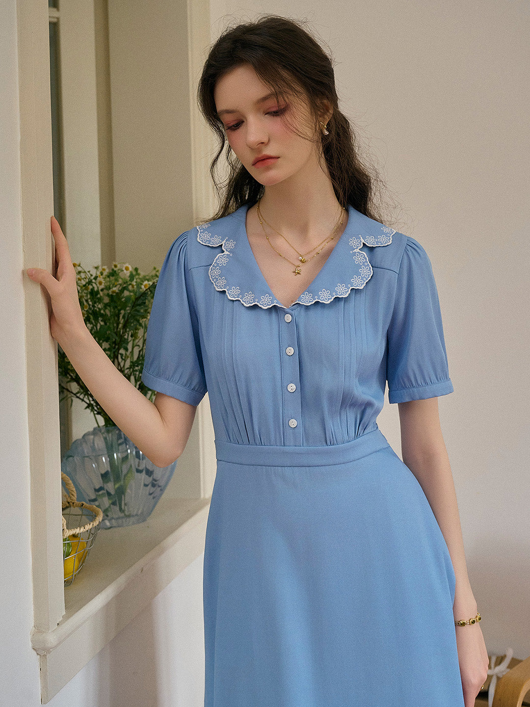 Natalie V-Neck Lace Tuck Pleats Dress