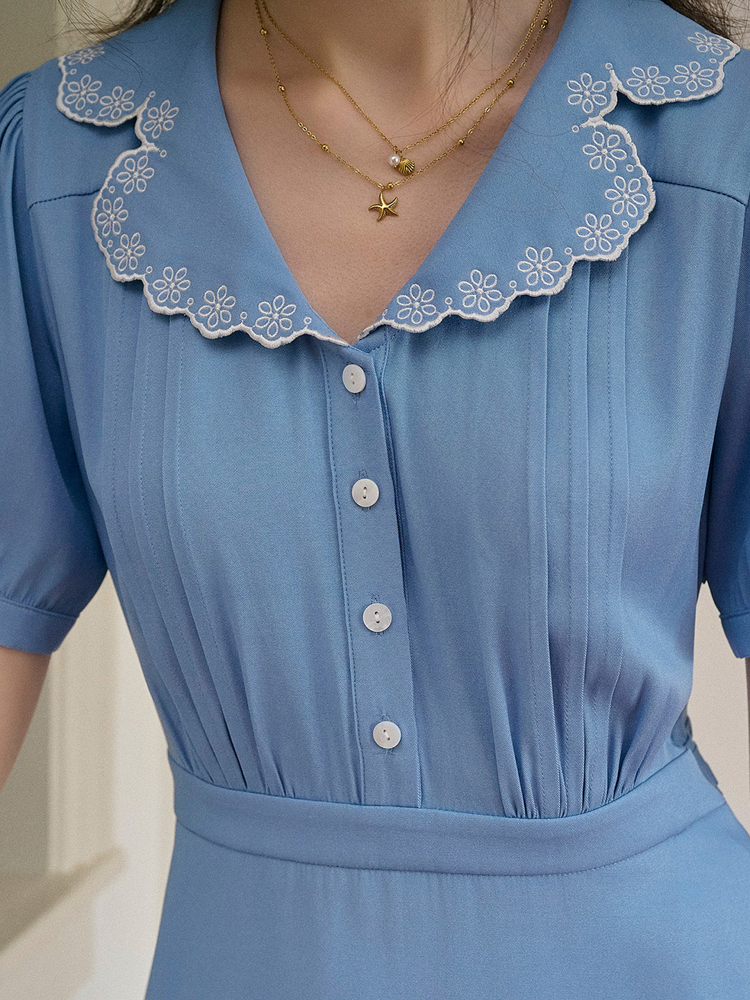 Natalie V-Neck Lace Tuck Pleats Dress