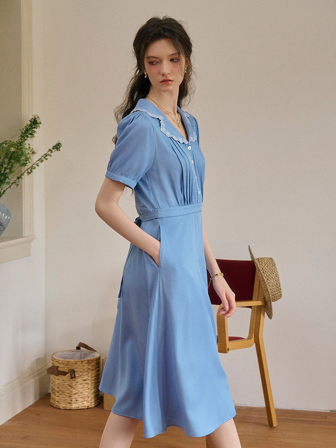 Natalie V-Neck Lace Tuck Pleats Dress