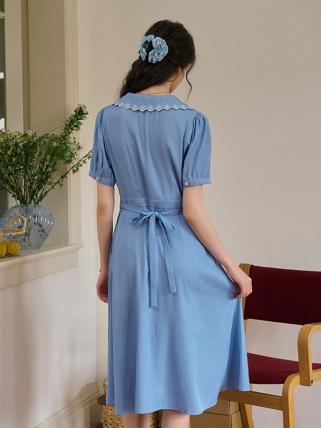 Natalie V-Neck Lace Tuck Pleats Dress