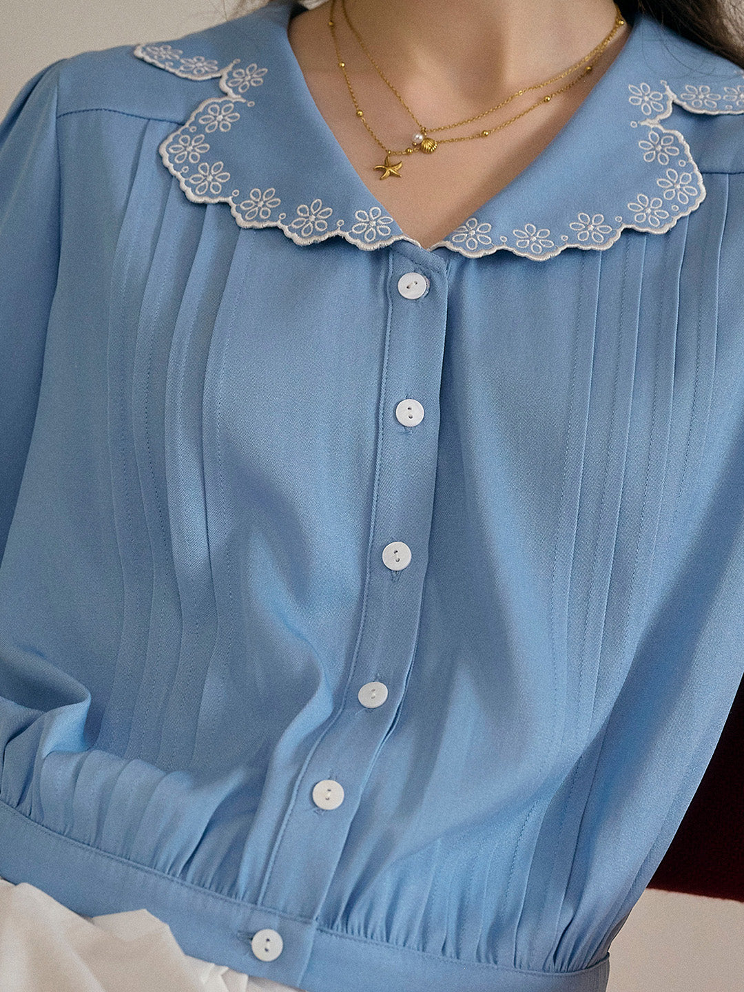 Miriam V-Neck Lace Tuck Pleats Blouse