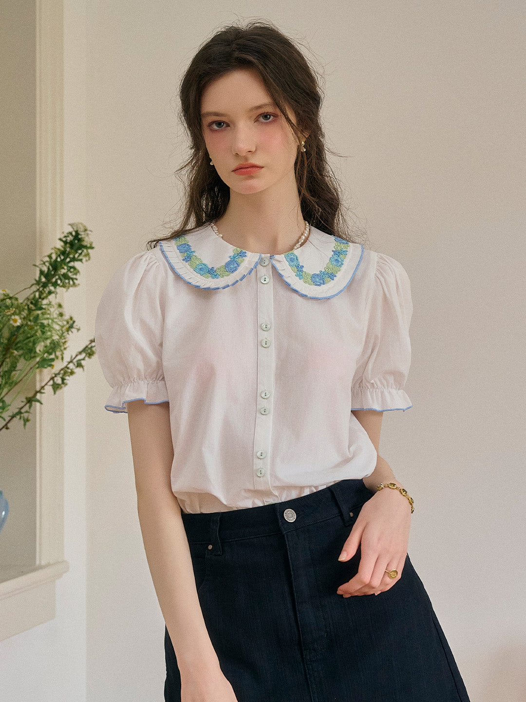 【Final Sale】Olivia Peter Pan Collar Embroidery 100% Cotton Blouse
