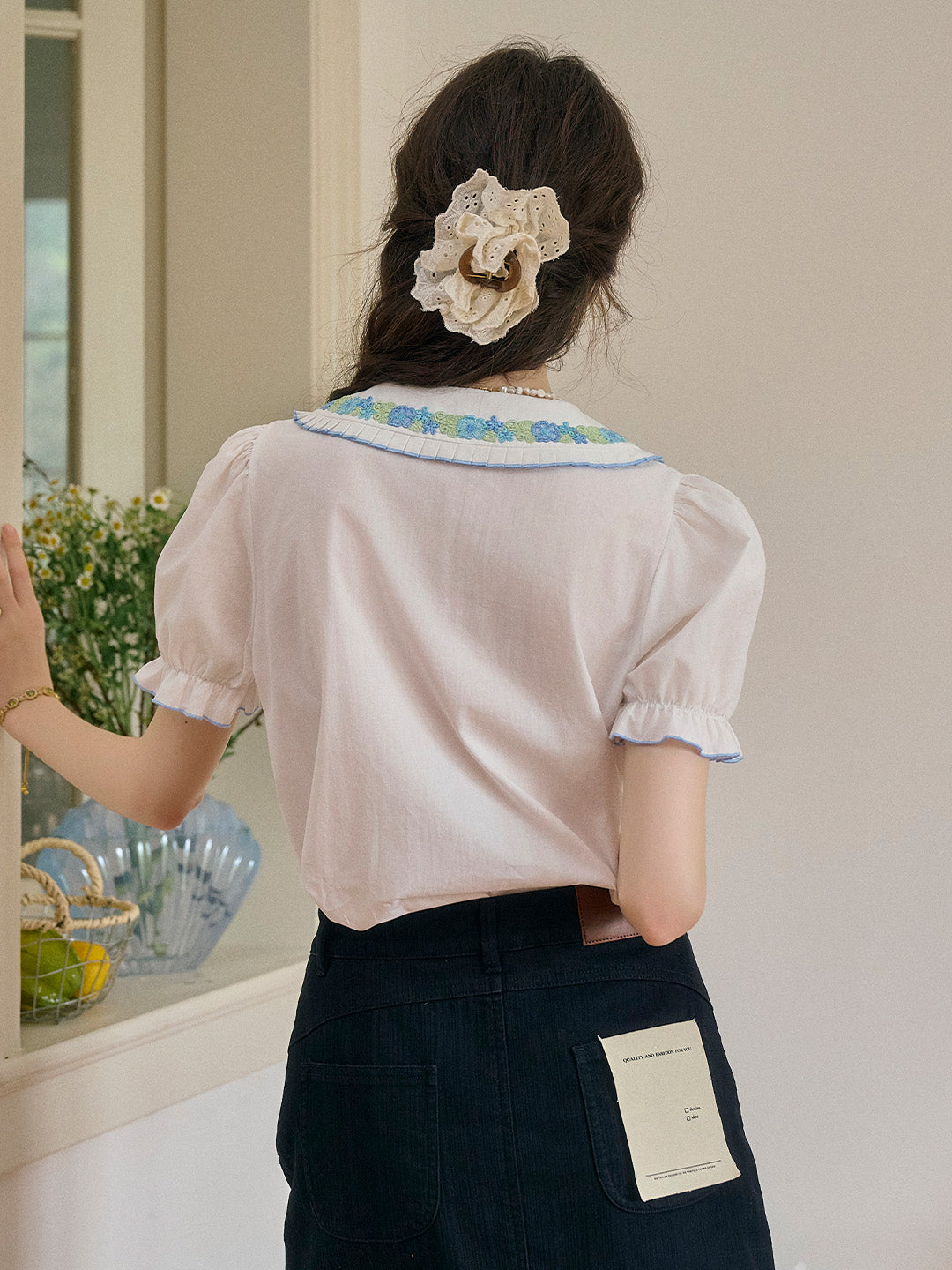 【Final Sale】Olivia Peter Pan Collar Embroidery 100% Cotton Blouse