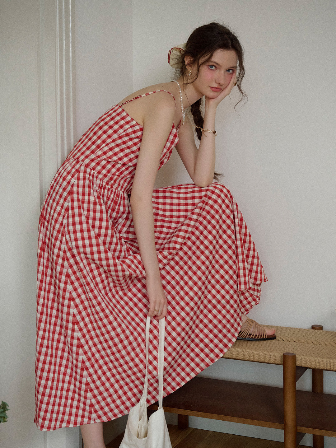 Tinsley Suspender Plaid Dress- Red