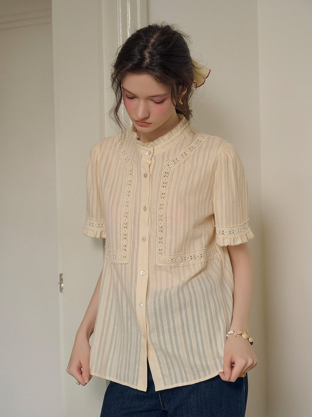 Imani Stand Collar Embroidery Cotton Blouse