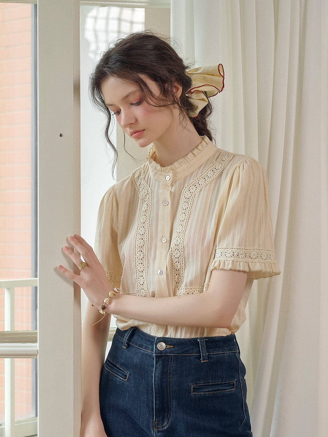 Imani Stand Collar Embroidery Cotton Blouse