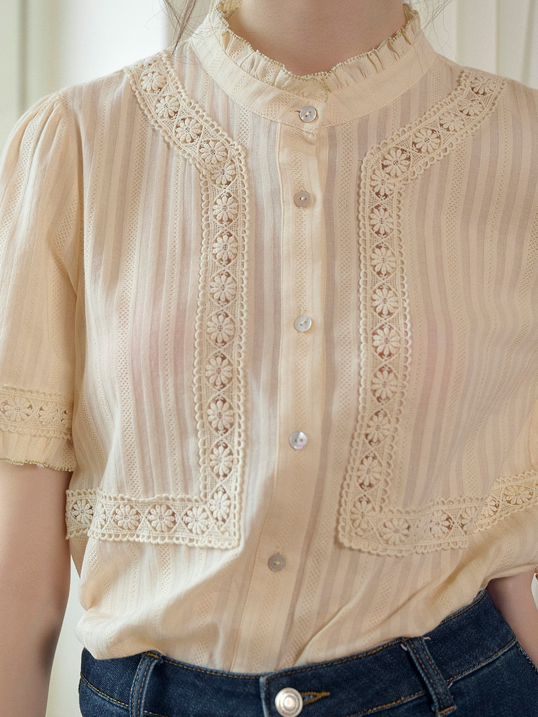 Imani Stand Collar Embroidery Cotton Blouse