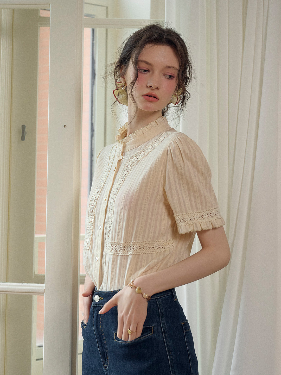 Imani Stand Collar Embroidery Cotton Blouse