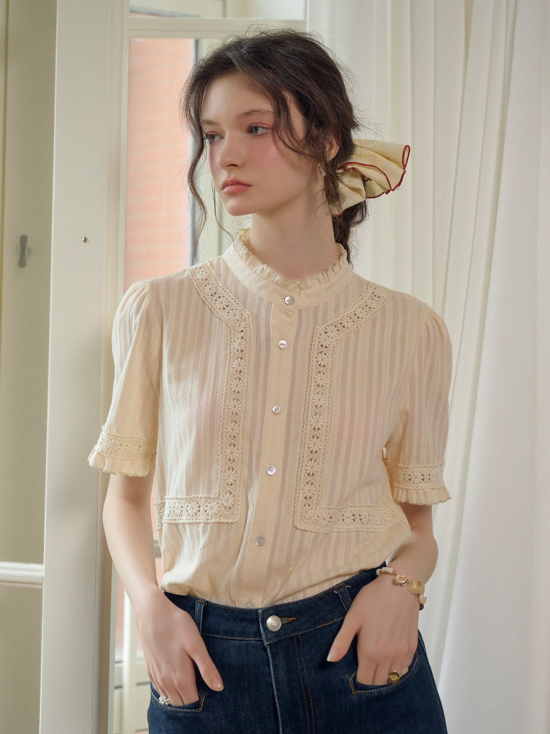 Imani Stand Collar Embroidery Cotton Blouse