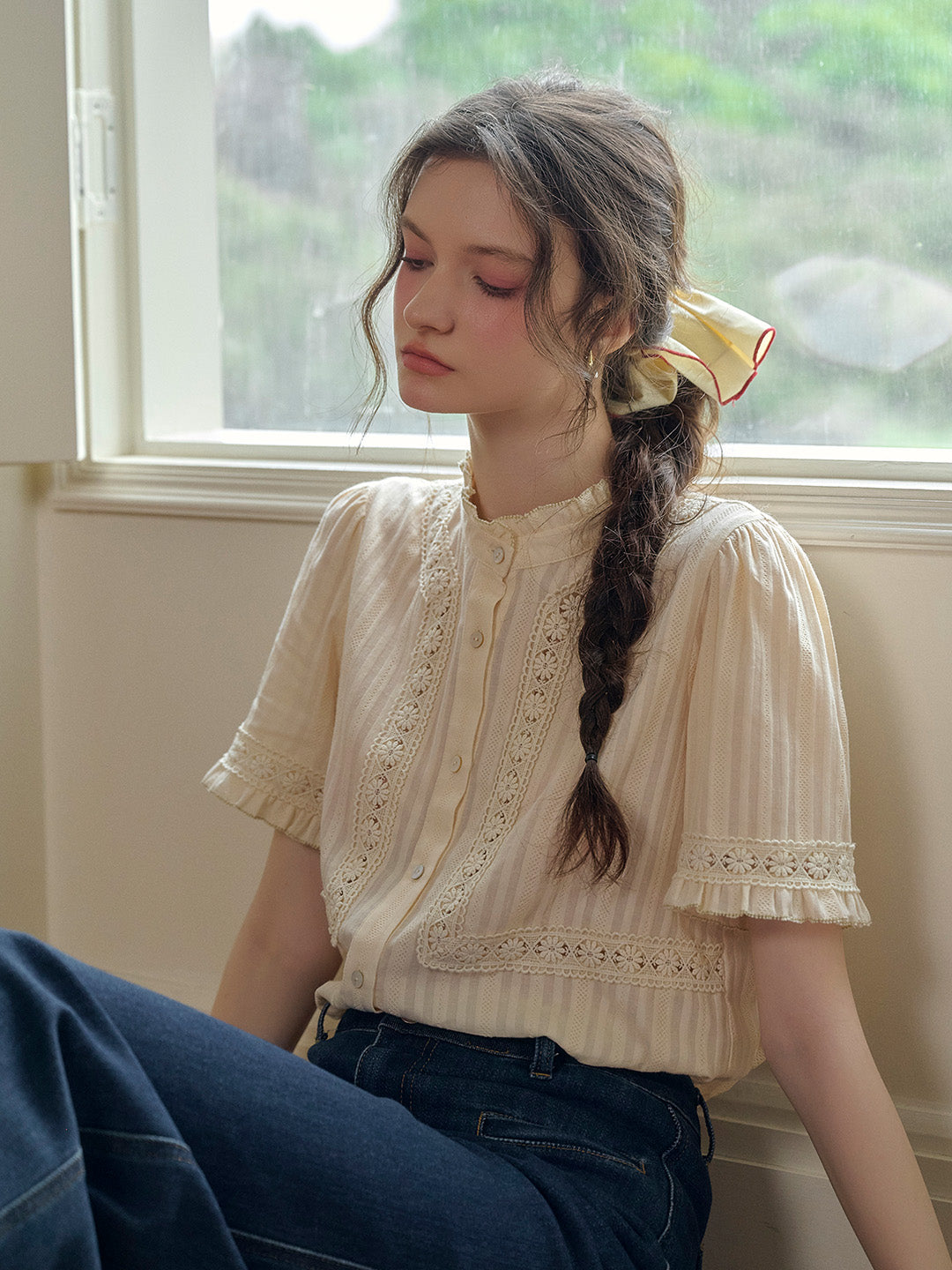 Imani Stand Collar Embroidery Cotton Blouse