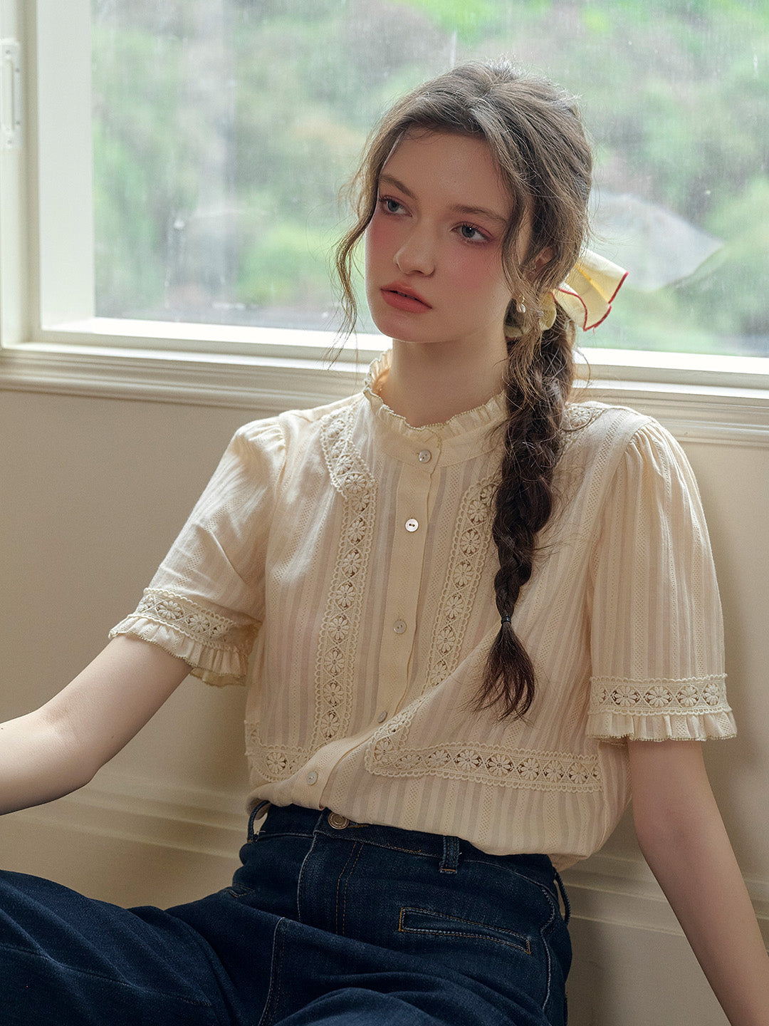 Imani Stand Collar Embroidery Cotton Blouse