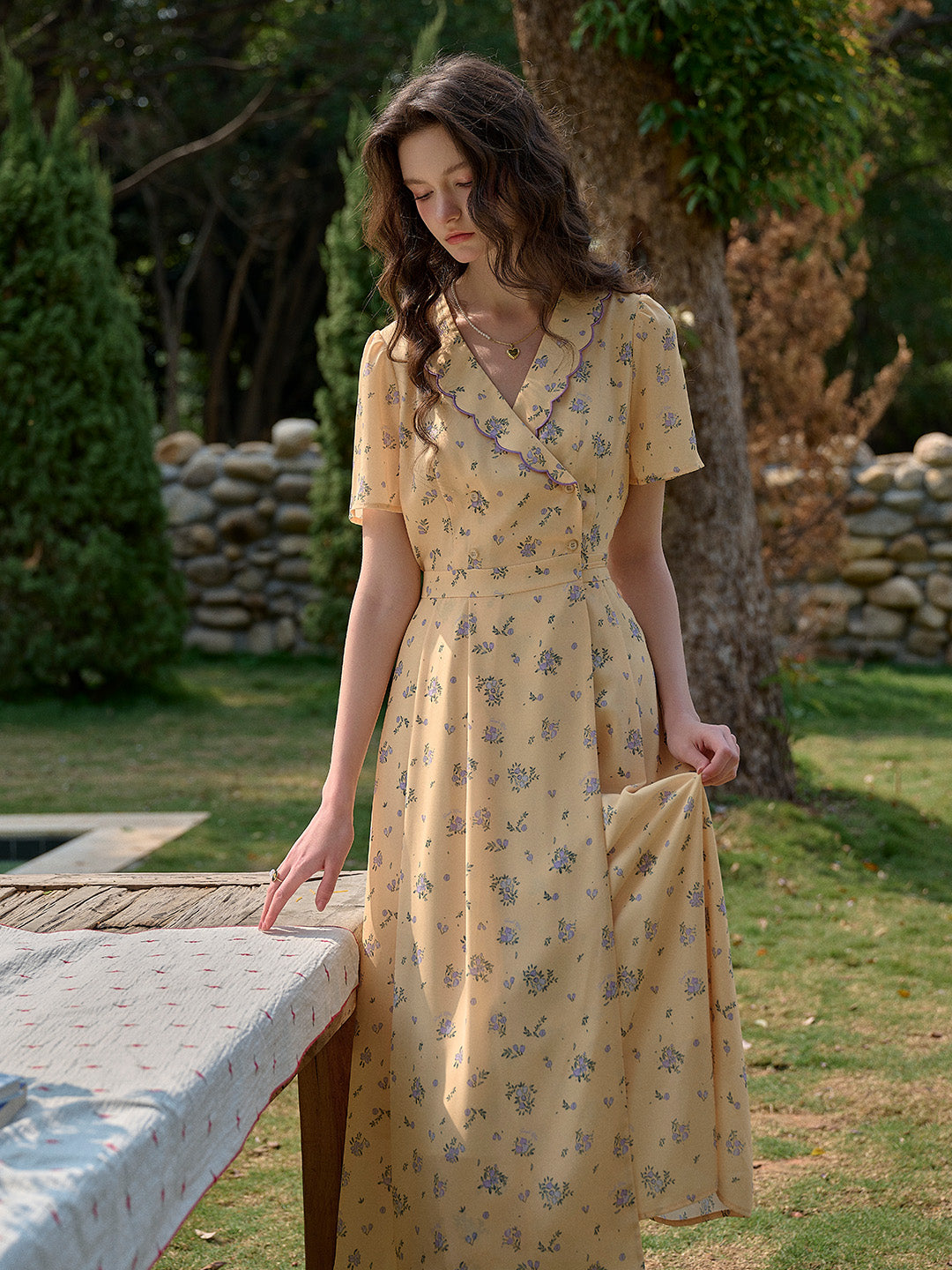 【Final Sale】Louisa Ruffle V-Neck Floral Waist Dress - Yellow