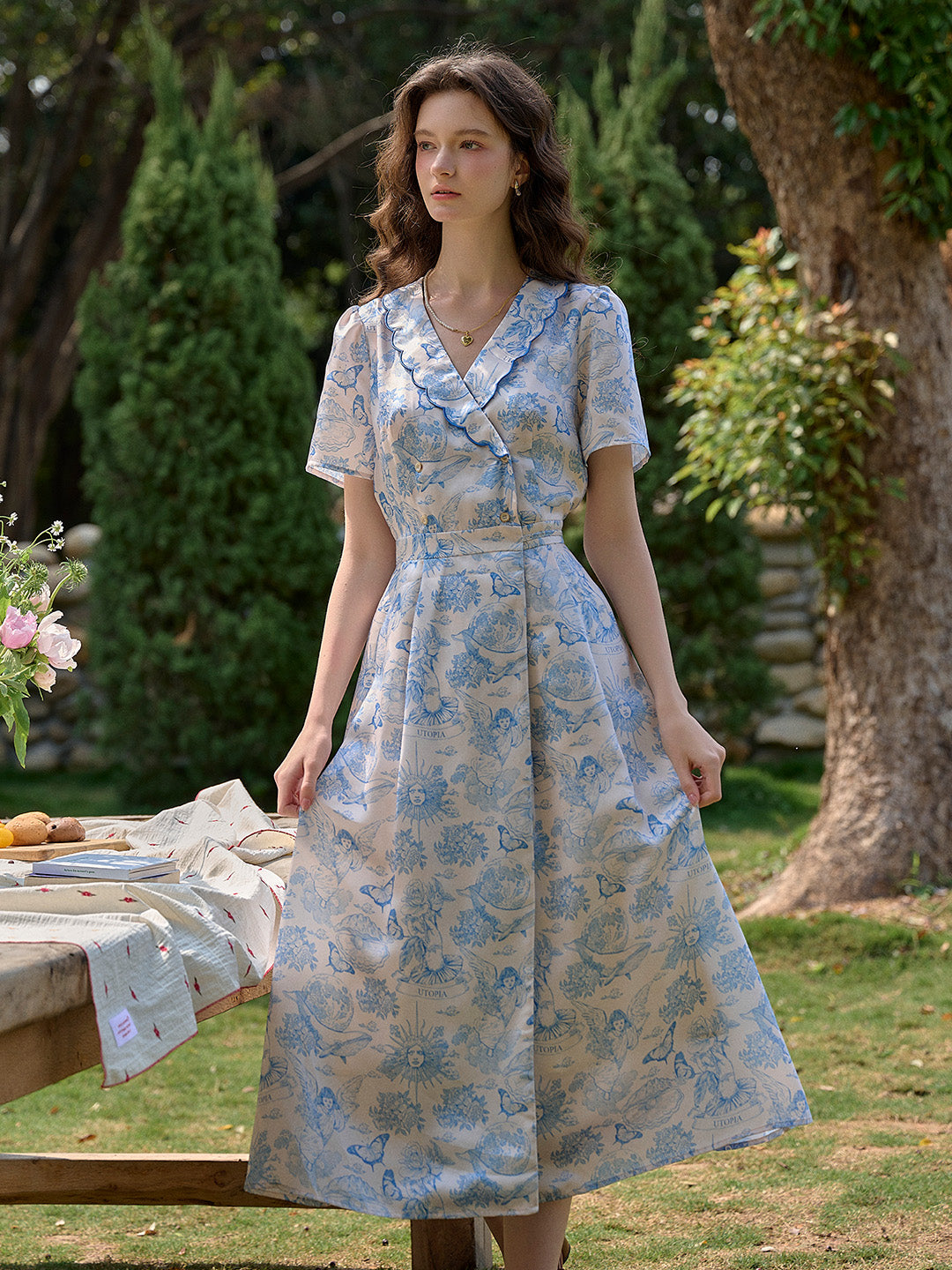 【Final Sale】Louisa Ruffle V-Neck Floral Waist Dress - Blue