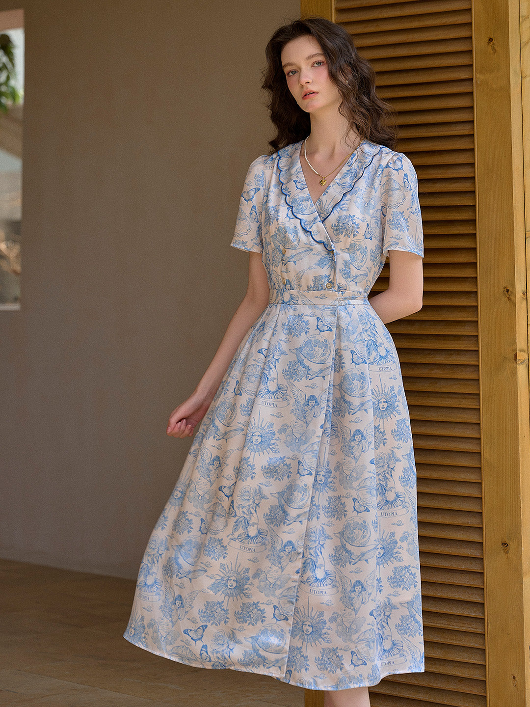 【Final Sale】Louisa Ruffle V-Neck Floral Waist Dress - Blue