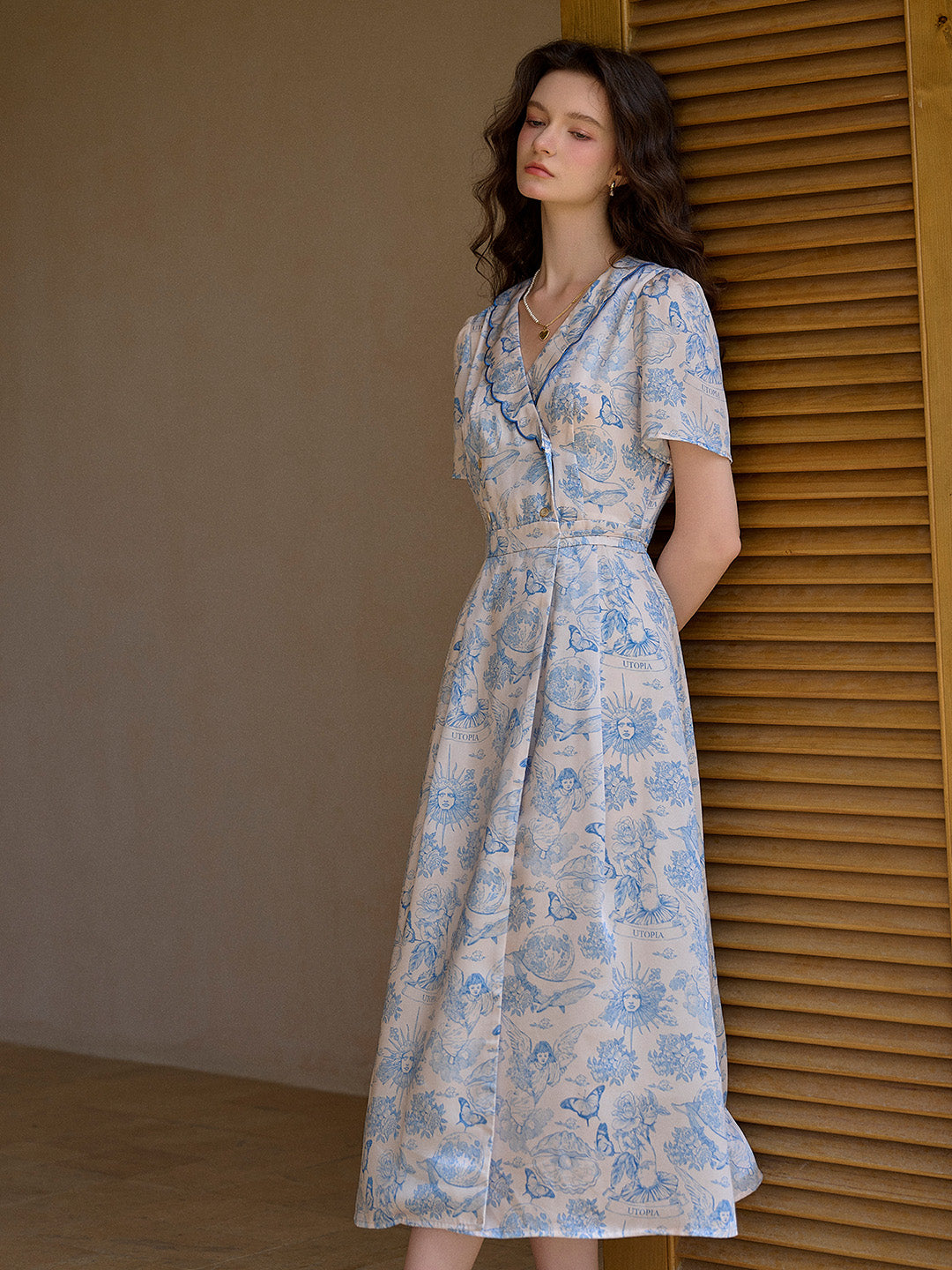 【Final Sale】Louisa Ruffle V-Neck Floral Waist Dress - Blue