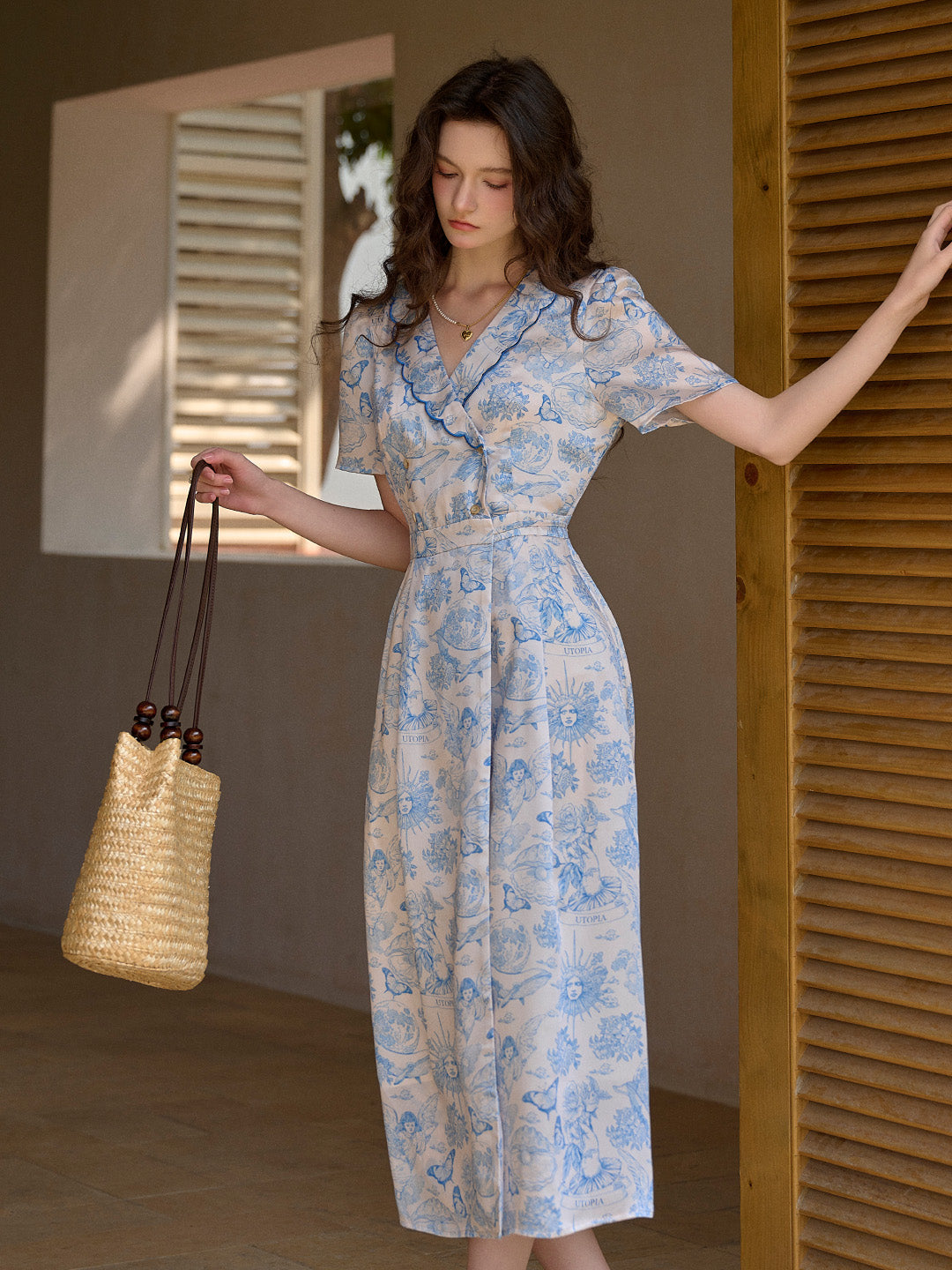 【Final Sale】Louisa Ruffle V-Neck Floral Waist Dress - Blue