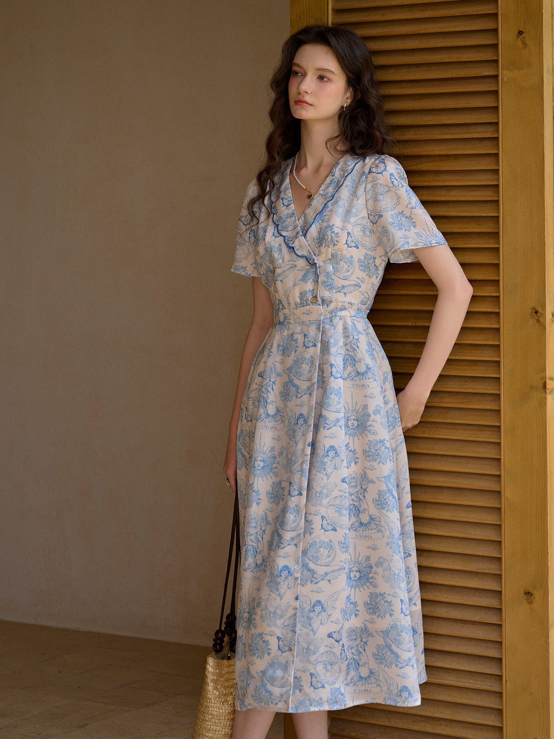 【Final Sale】Louisa Ruffle V-Neck Floral Waist Dress - Blue