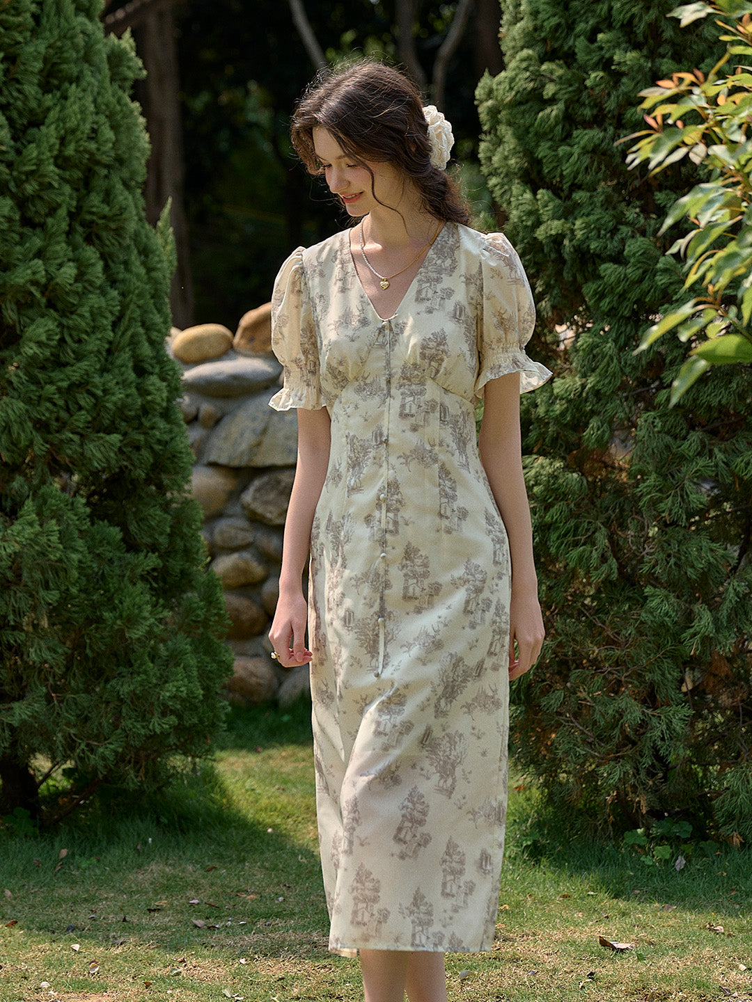 【Final Sale】Xena V-Neck Floral Puff Sleeve Dress