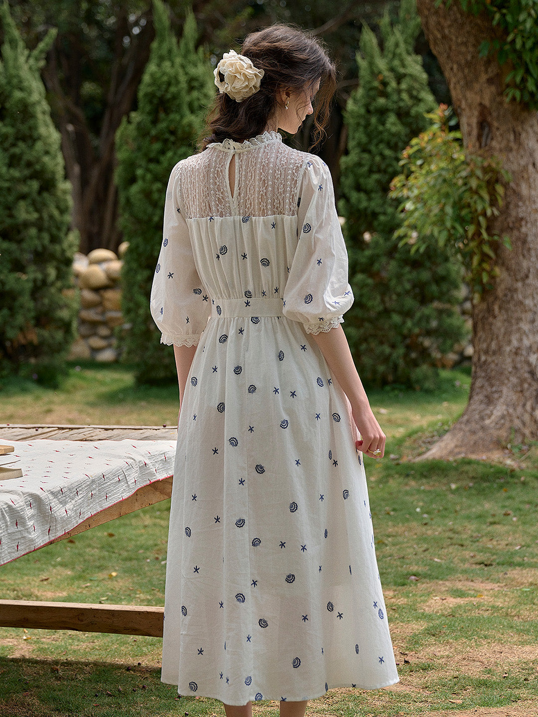 【Final Sale】Lennox Ruffle Neck 100% Cotton Dress - Blue