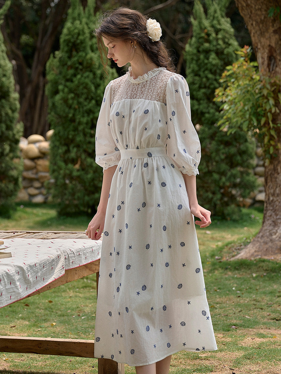 【Final Sale】Lennox Ruffle Neck 100% Cotton Dress - Blue