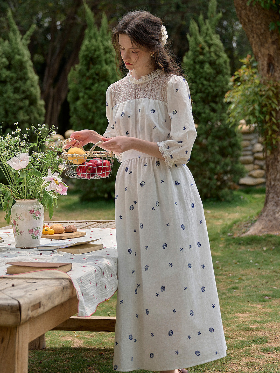 【Final Sale】Lennox Ruffle Neck 100% Cotton Dress - Blue