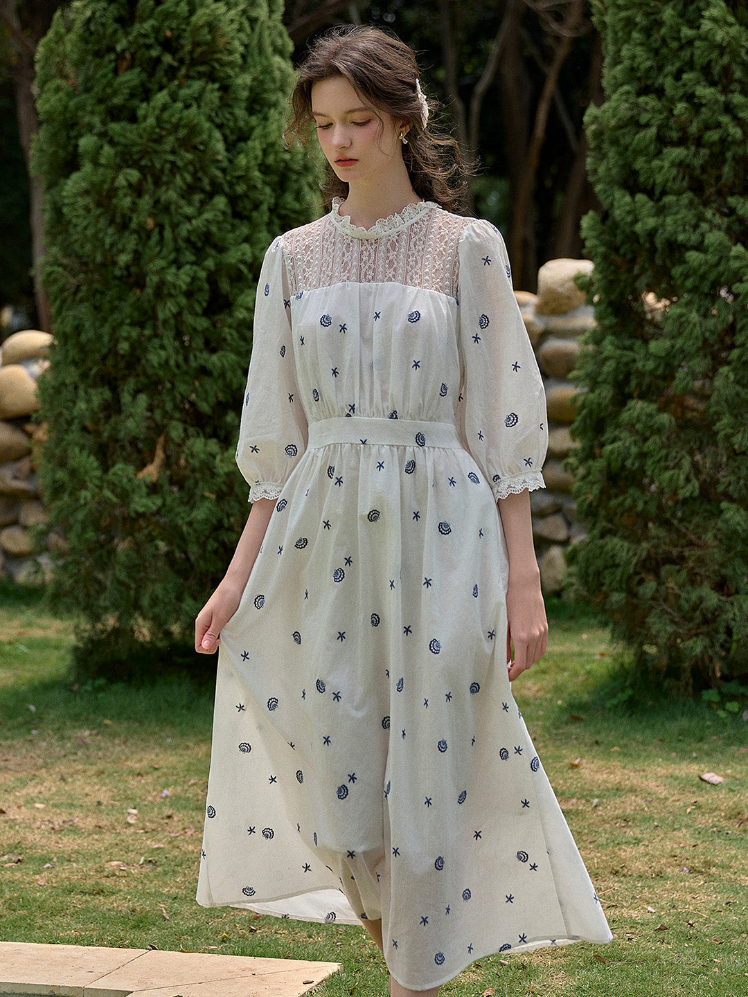 【Final Sale】Lennox Ruffle Neck 100% Cotton Dress - Blue