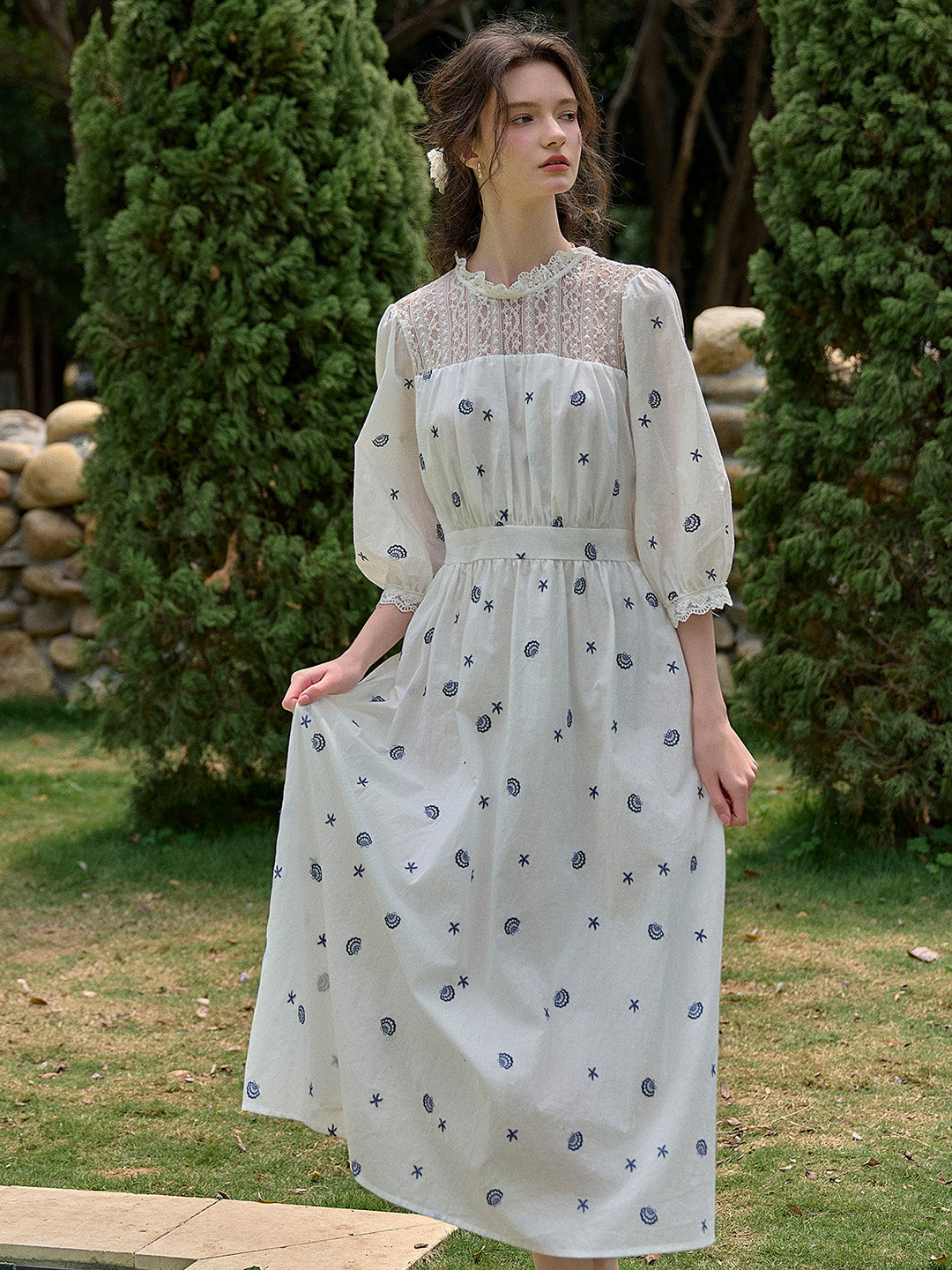 【Final Sale】Lennox Ruffle Neck 100% Cotton Dress - Blue