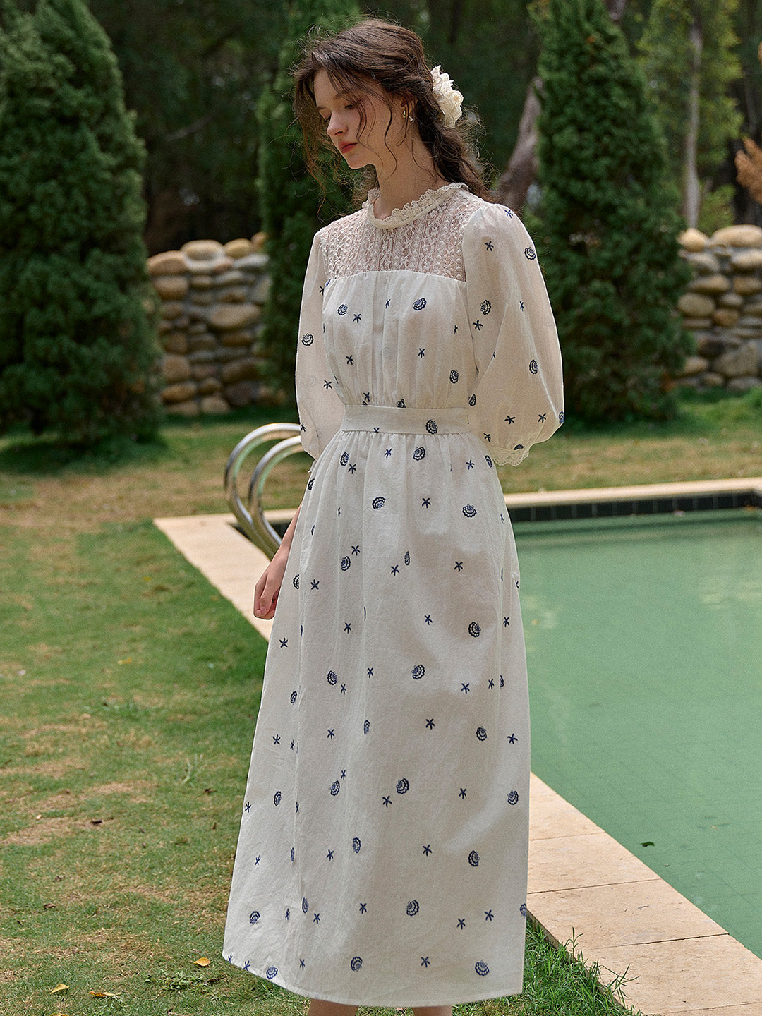 【Final Sale】Lennox Ruffle Neck 100% Cotton Dress - Blue